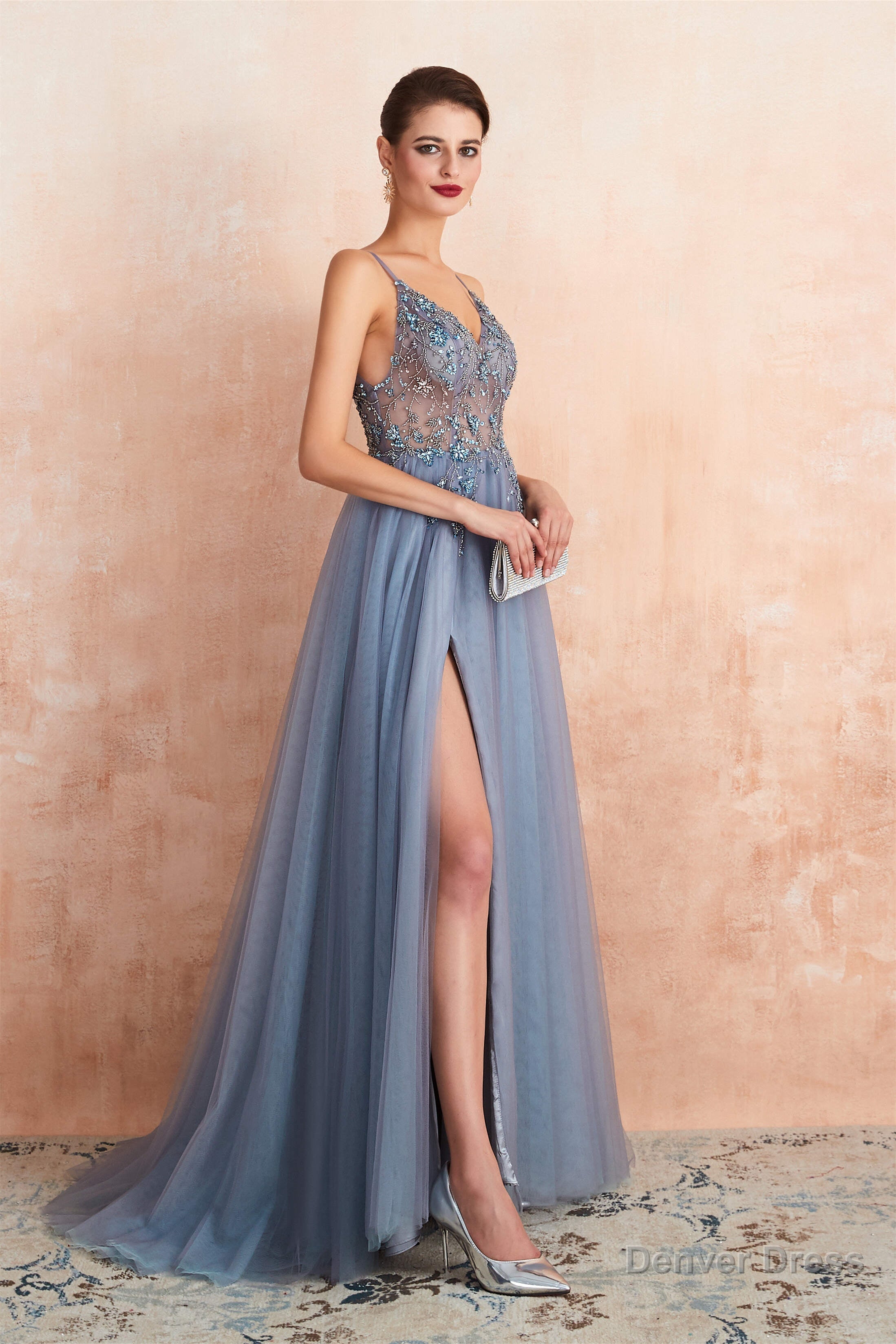 Spaghetti Straps V Neck Sheer Top Tulle Long Prom Dresses with Side Slit