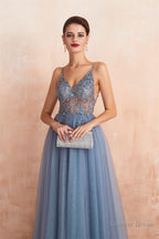 Spaghetti Straps V Neck Sheer Top Tulle Long Prom Dresses with Side Slit