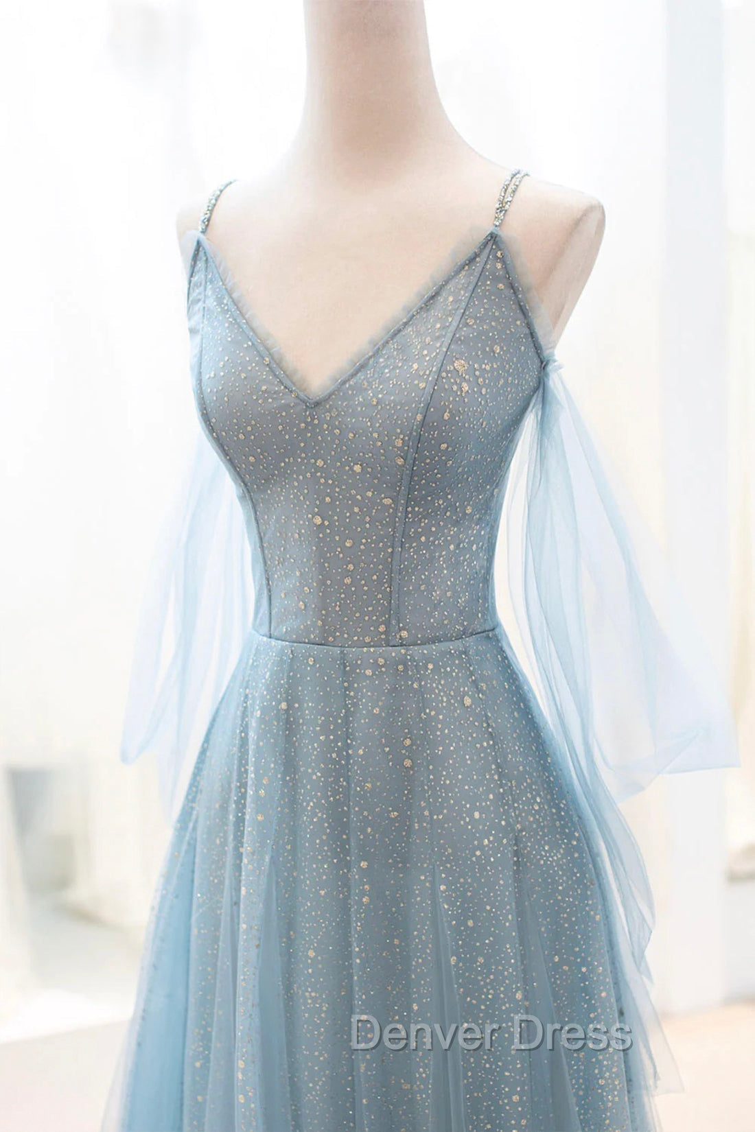 Dusty Blue Sparkly Tulle Long Prom Dresses, A-Line Spaghetti Strap Evening Dresses