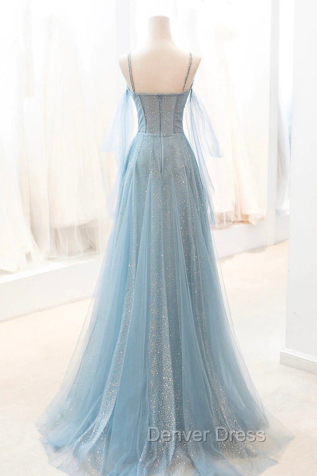 Dusty Blue Sparkly Tulle Long Prom Dress, A Line Spaghetti Strap Prom Dresses