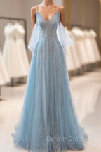 Dusty Blue Sparkly Tulle Long Prom Dress, A Line Spaghetti Strap Prom Dresses