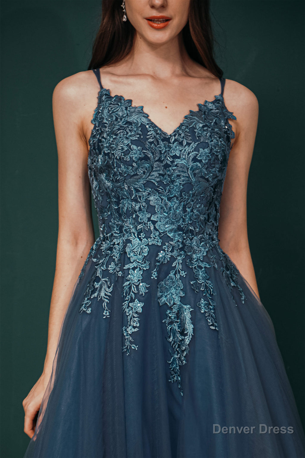 Dusty Blue Tulle A Line Low back Spaghetti strap Prom Dresses