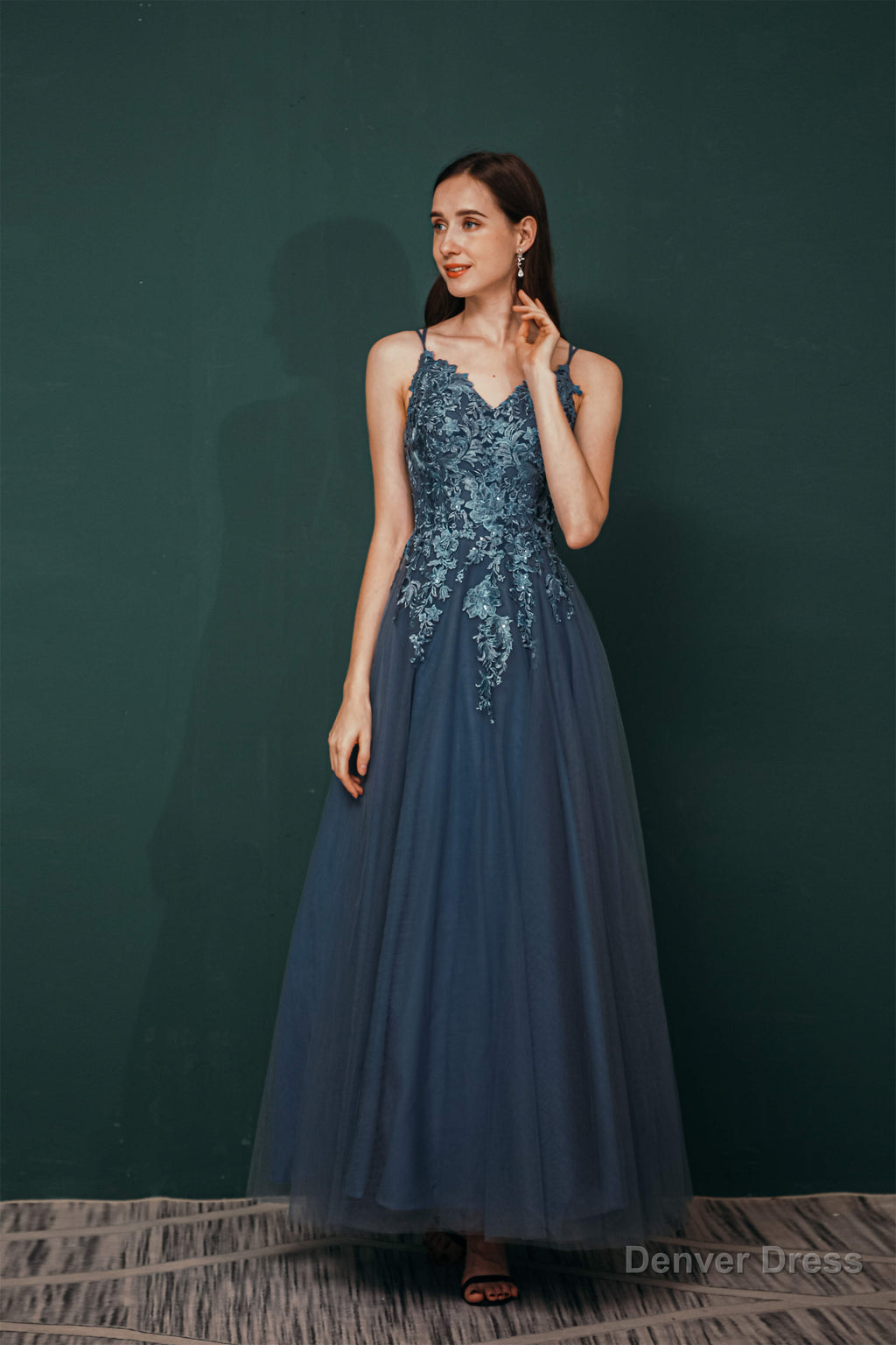 Dusty Blue Tulle A Line Low back Spaghetti strap Prom Dresses