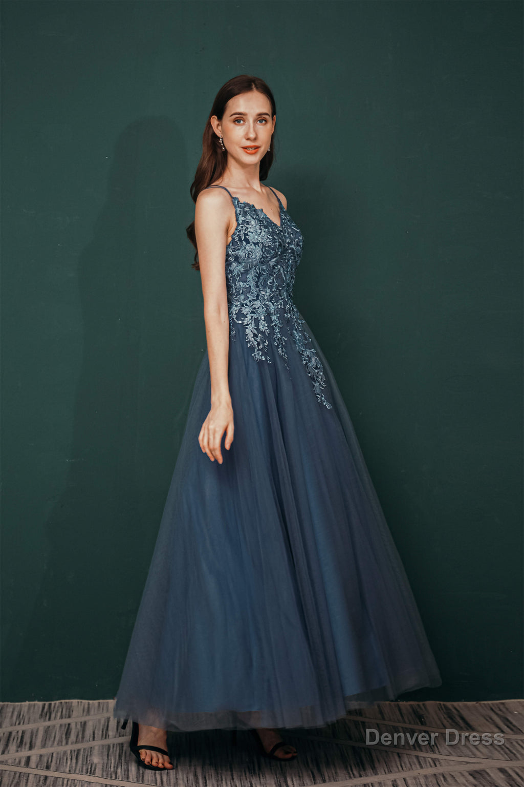 Dusty Blue Tulle A Line Low back Spaghetti strap Prom Dresses