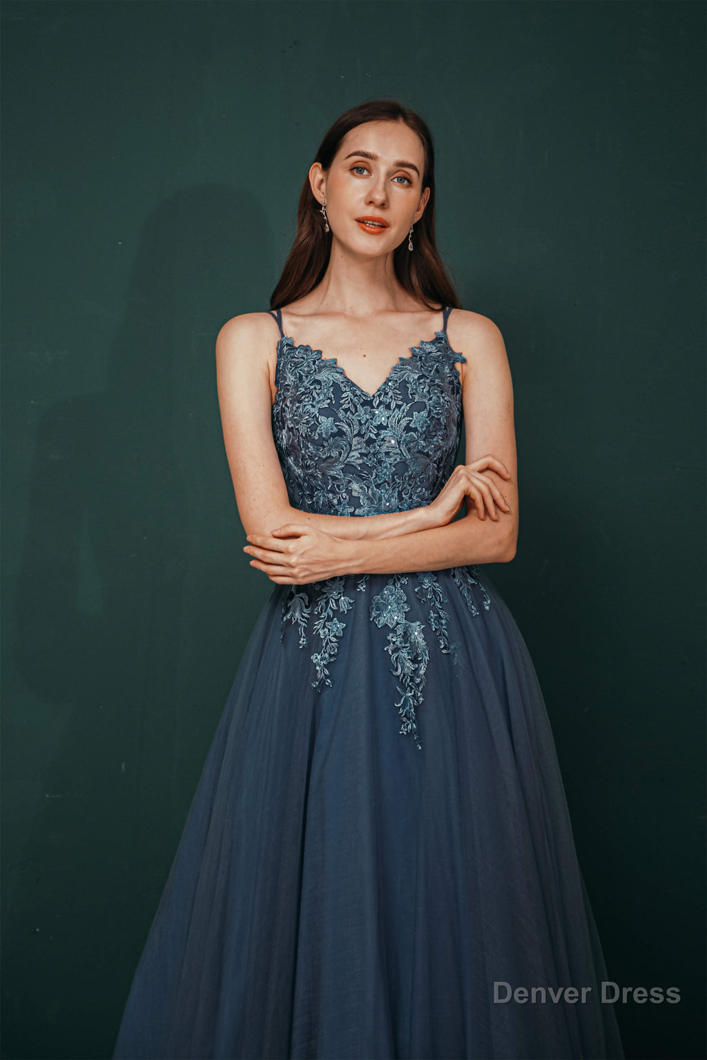 Dusty Blue Tulle A Line Low back Spaghetti strap Prom Dresses