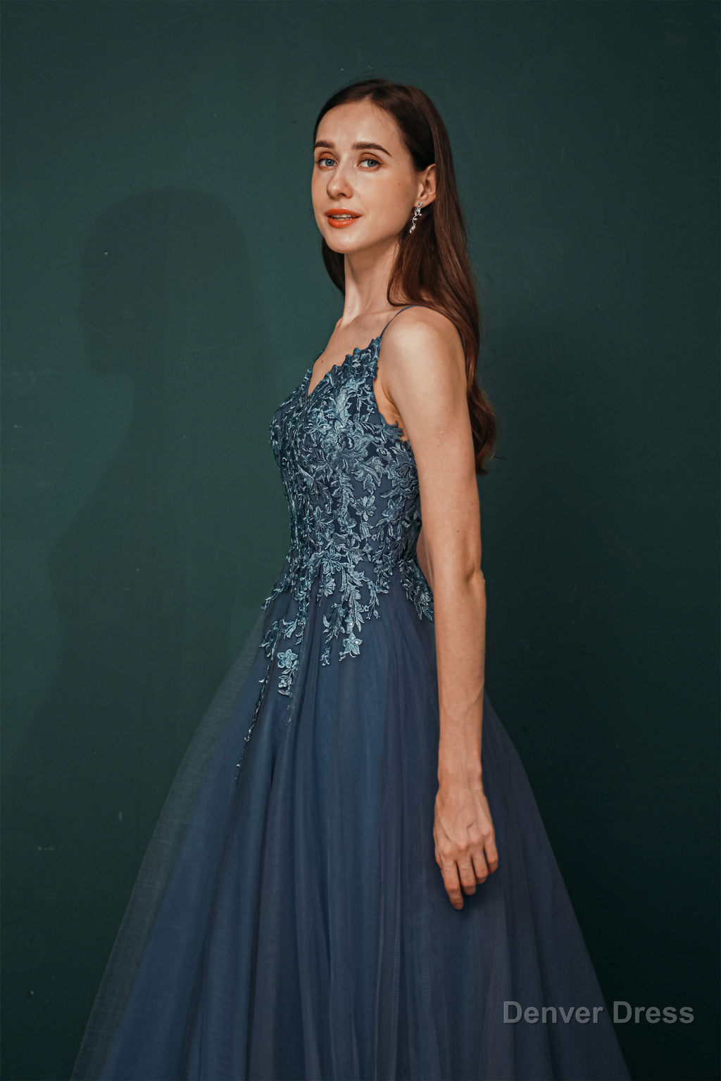 Dusty Blue Tulle A Line Low back Spaghetti strap Prom Dresses