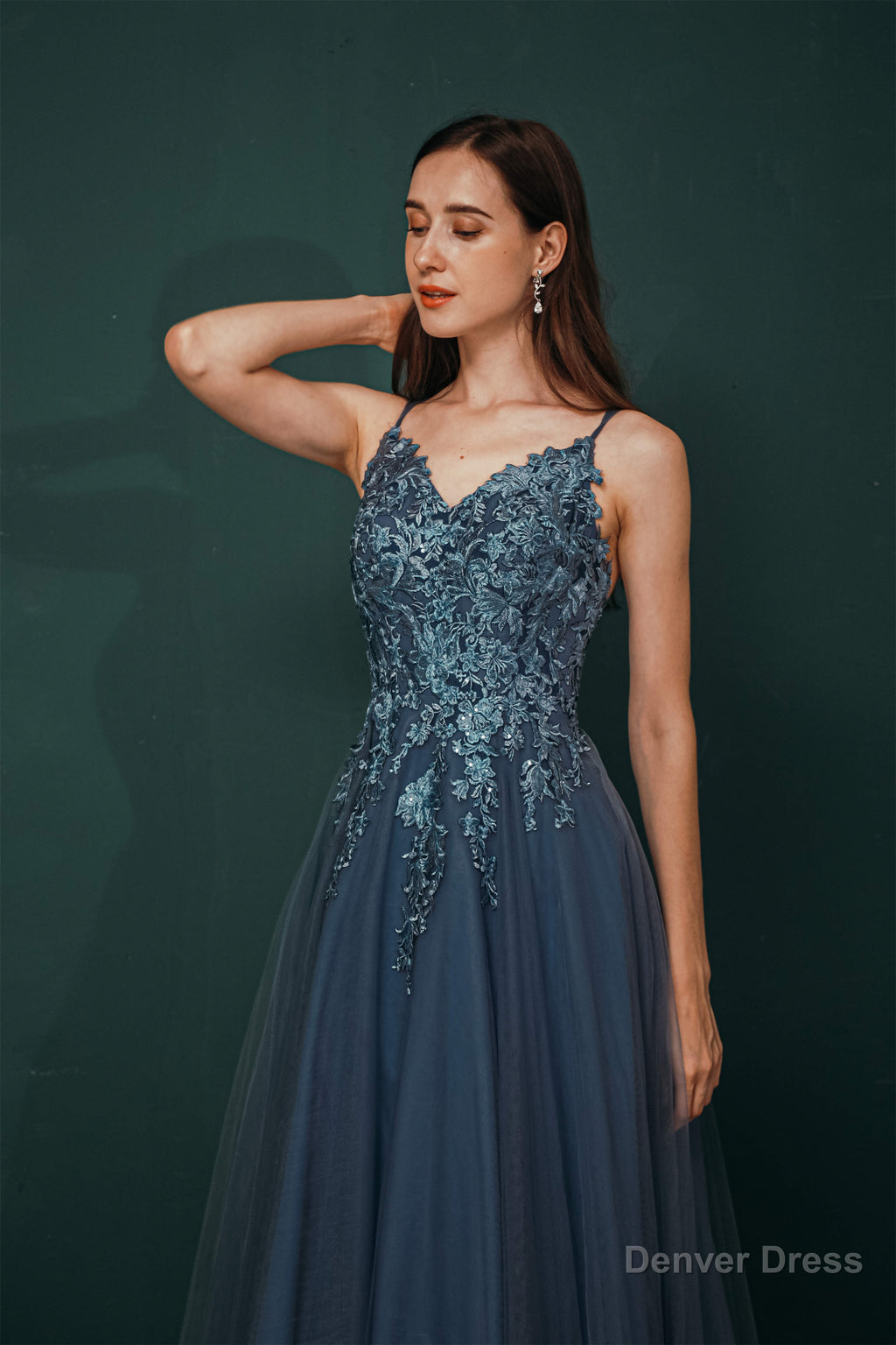 Dusty Blue Tulle A Line Low back Spaghetti strap Prom Dresses