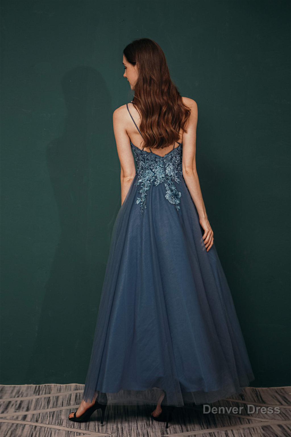 Dusty Blue Tulle A Line Low back Spaghetti strap Prom Dresses
