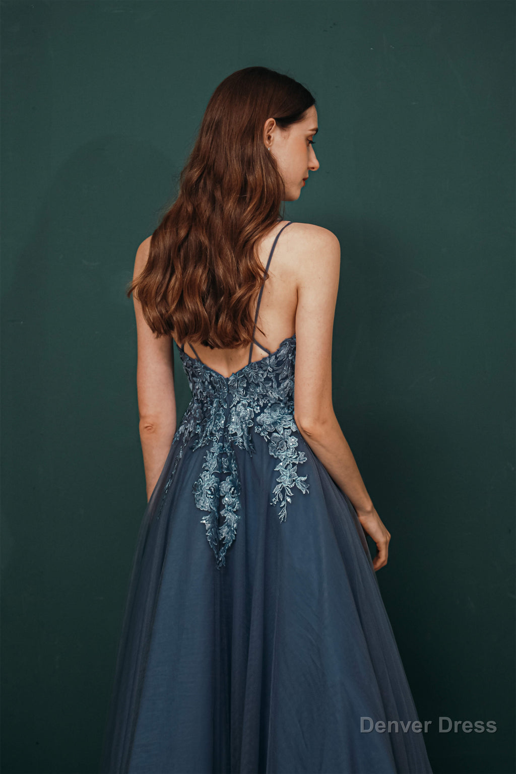 Dusty Blue Tulle A Line Low back Spaghetti strap Prom Dresses