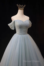 Dusty Blue Tulle Beaded Floor Length Prom Dress, Off The Shoulder A-Line Prom Dresses