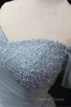 Dusty Blue Tulle Beaded Floor Length Prom Dress, Off The Shoulder A-Line Prom Dresses
