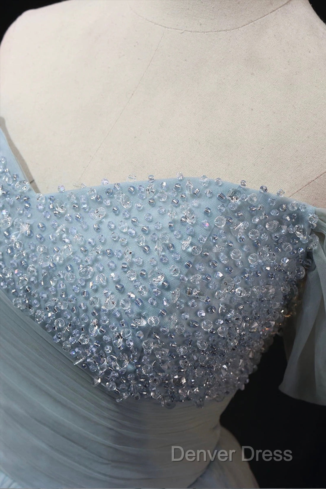 Dusty Blue Tulle Beaded Floor Length Prom Dress, Off The Shoulder A-Line Prom Dresses