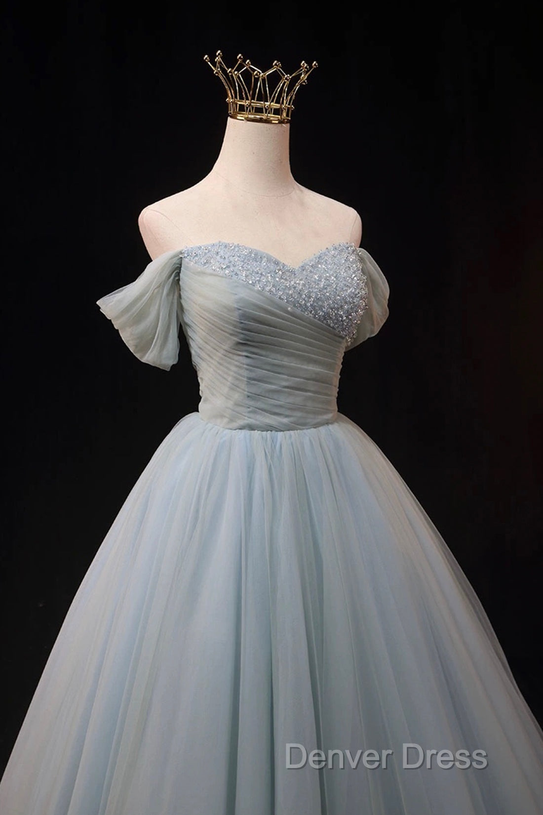 Dusty Blue Tulle Beaded Floor Length Prom Dress, Off The Shoulder A-Line Prom Dresses