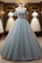 Dusty Blue Tulle Beaded Floor Length Prom Dress, Off The Shoulder A-Line Prom Dresses
