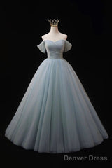 Dusty Blue Tulle Beaded Floor Length Formal Dress, Off The Shoulder A-Line Evening Party Dress