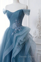 Dusty Blue Tulle Floor Length Prom Dress, Blue Off the Shoulder Removable Sleeve Prom Dresses