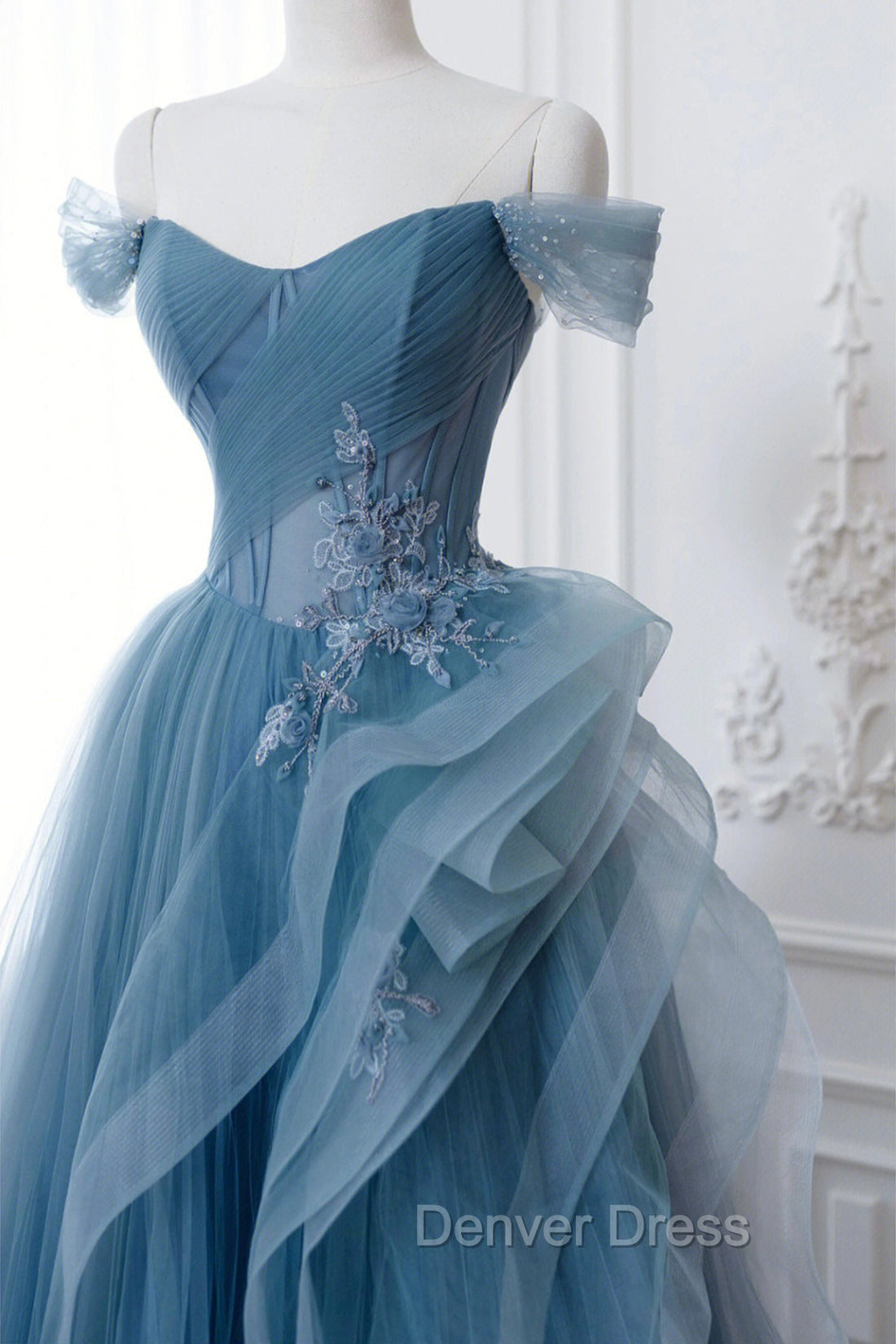Dusty Blue Tulle Floor Length Prom Dress, Blue Off the Shoulder Removable Sleeve Prom Dresses