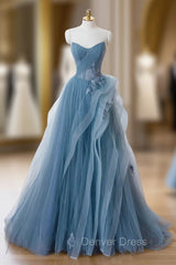 Dusty Blue Tulle Floor Length Prom Dresses, Blue Off the Shoulder Removable Sleeve Evening Dresses