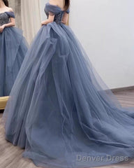 Dusty Blue Tulle Prom Dresses Off Shoulder