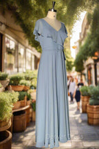 Dusty Blue V-Neck Chiffon Bridesmaid Dresses Backless Ruffled Split for Teens A-Line Long Bridesmaid Dresses