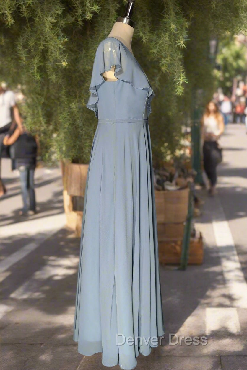 Dusty Blue V Neck Chiffon Bridesmaid Dress Backless Ruffled Split for Teens A Line Long Bridesmaid Dresses