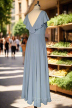 Dusty Blue V Neck Chiffon Bridesmaid Dress Backless Ruffled Split for Teens A Line Long Bridesmaid Dresses