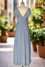 Dusty Blue V-Neck Chiffon Bridesmaid Dresses Backless Ruffled Split for Teens A-Line Long Bridesmaid Dresses