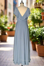 Dusty Blue V Neck Chiffon Bridesmaid Dress Backless Ruffled Split for Teens A Line Long Bridesmaid Dresses