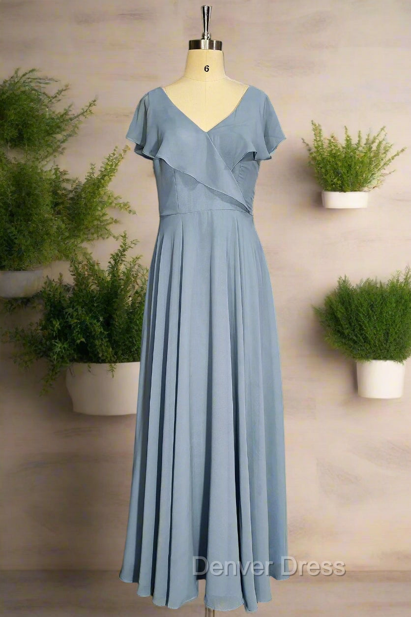 Dusty Blue V Neck Chiffon Bridesmaid Dress Backless Ruffled Split for Teens A Line Long Bridesmaid Dresses Main image