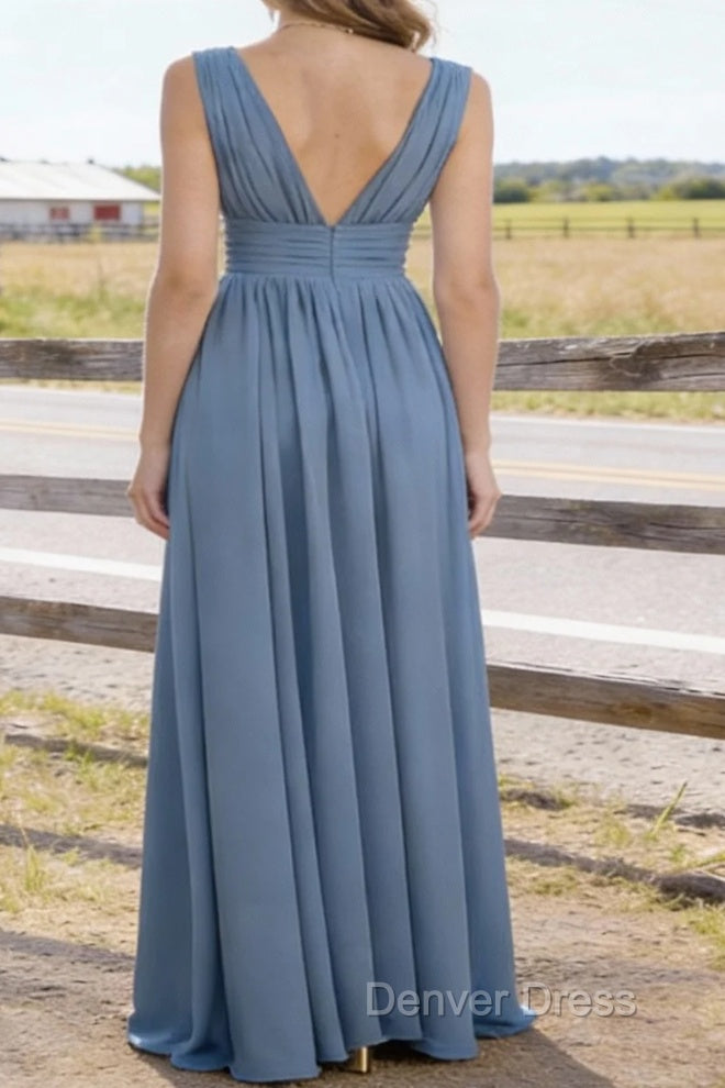 Dusty Blue V Neck Chiffon Floor Length Bridesmaid Dress Long Bridesmaid Dresses With Pleated Split Secondary image