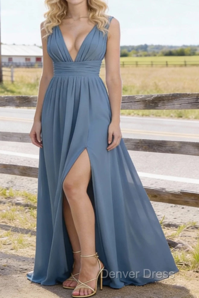 Dusty Blue V Neck Chiffon Floor Length Bridesmaid Dress Long Bridesmaid Dresses With Pleated Split Main image