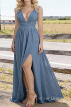 Dusty Blue V Neck Chiffon Floor Length Bridesmaid Dress Long Bridesmaid Dresses With Pleated Split
