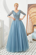 Dusty Blue V Neck Half Sleeve Prom Dresses Long With Beadings Lace up