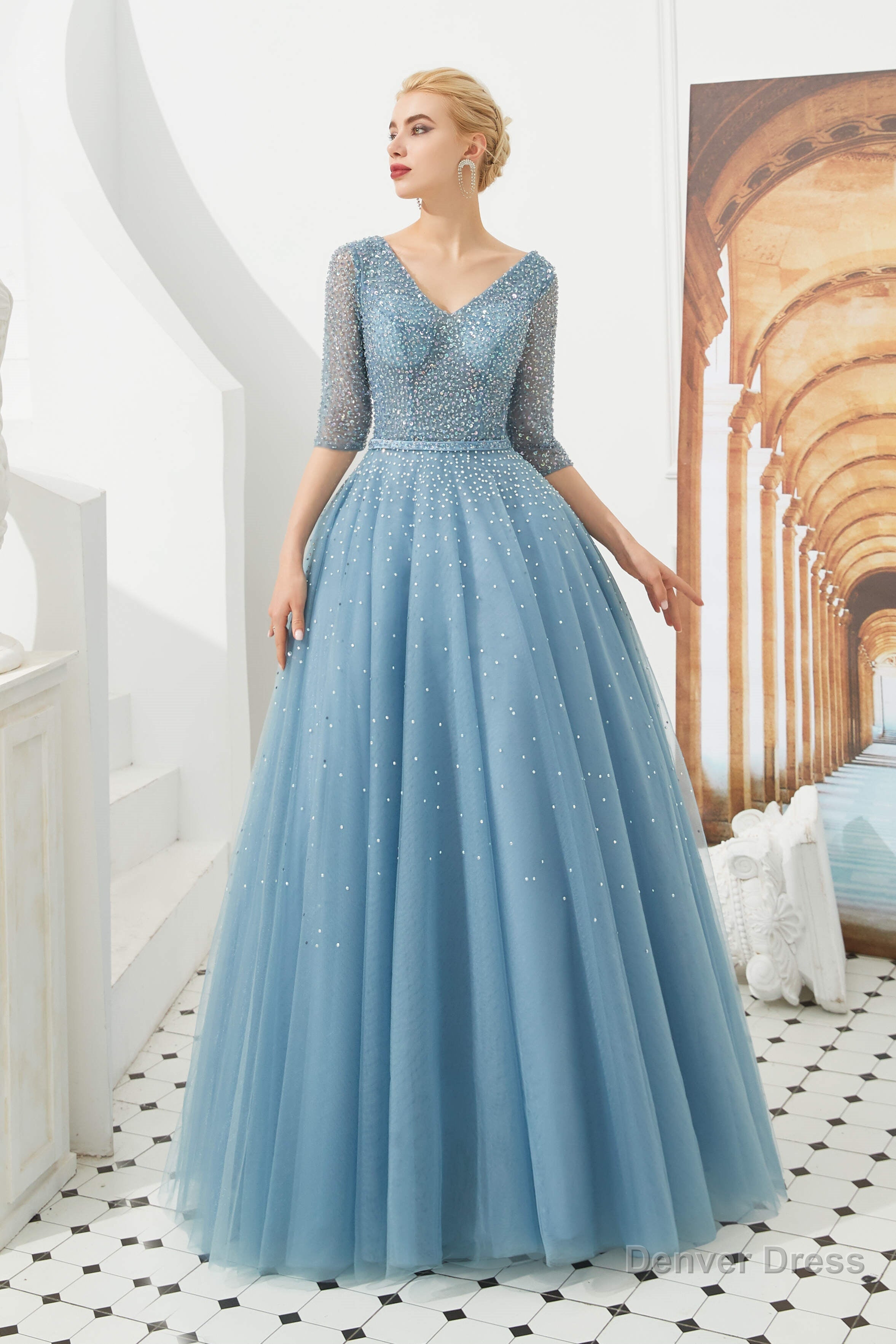 Dusty Blue V Neck Half Sleeve Prom Dresses Long With Beadings Lace up
