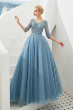 Dusty Blue V Neck Half Sleeve Prom Dresses Long With Beadings Lace up