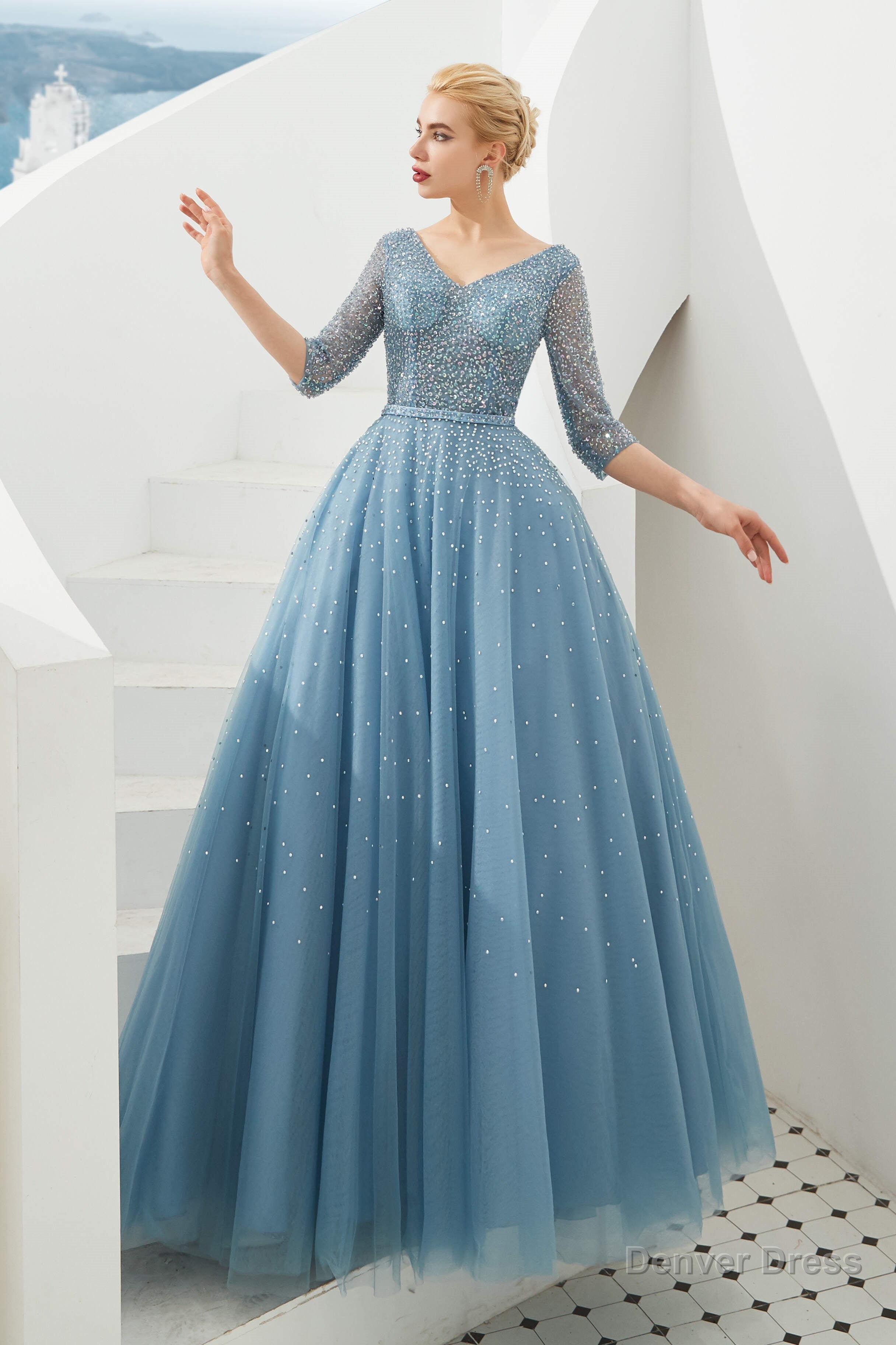 Dusty Blue V Neck Half Sleeve Prom Dresses Long With Beadings Lace up