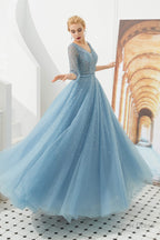 Dusty Blue V Neck Half Sleeve Prom Dresses Long With Beadings Lace up