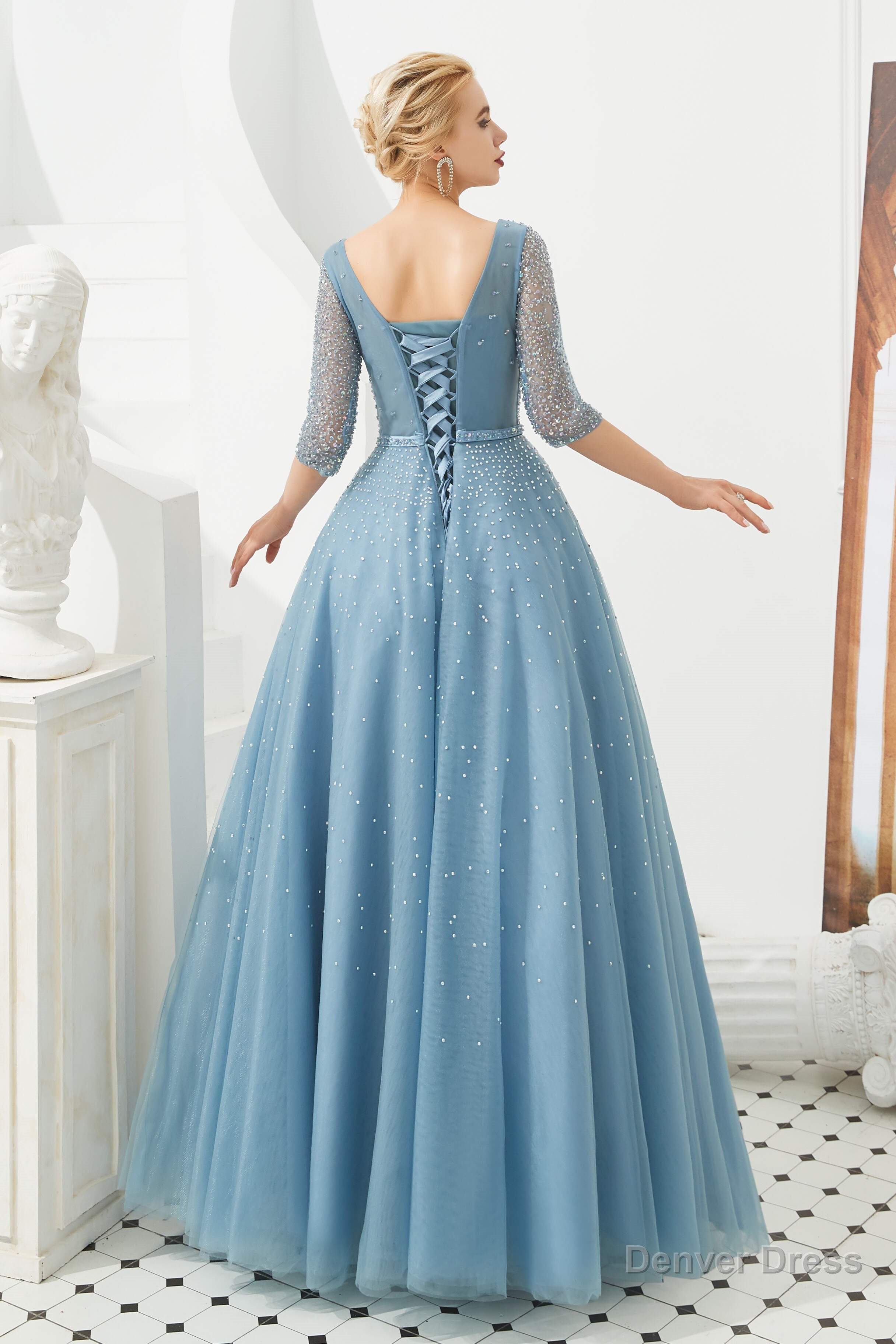 Dusty Blue V Neck Half Sleeve Prom Dresses Long With Beadings Lace up