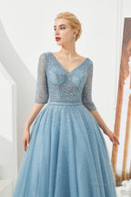 Dusty Blue V Neck Half Sleeve Prom Dresses Long With Beadings Lace up
