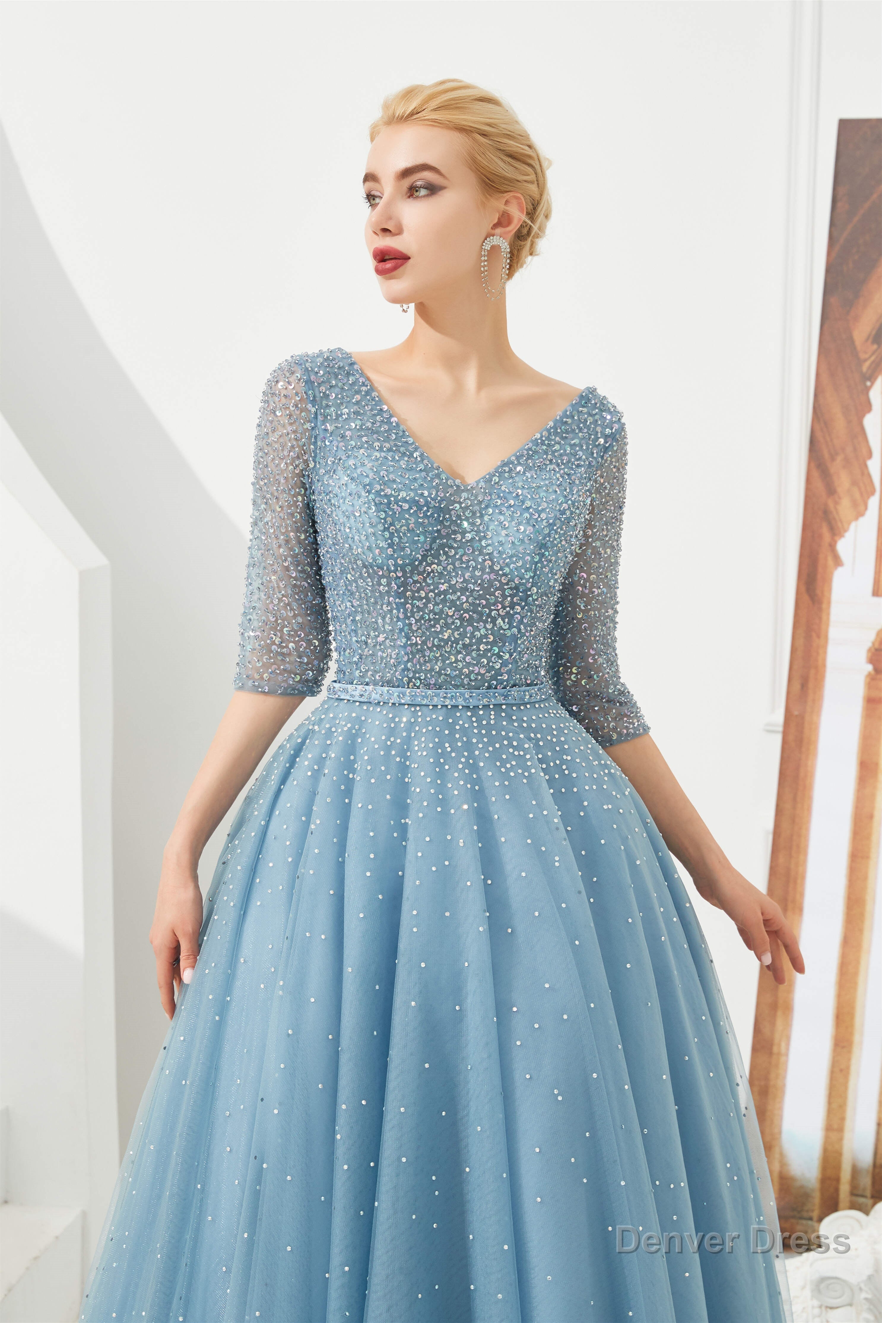 Dusty Blue V Neck Half Sleeve Prom Dresses Long With Beadings Lace up