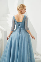 Dusty Blue V Neck Half Sleeve Prom Dresses Long With Beadings Lace up