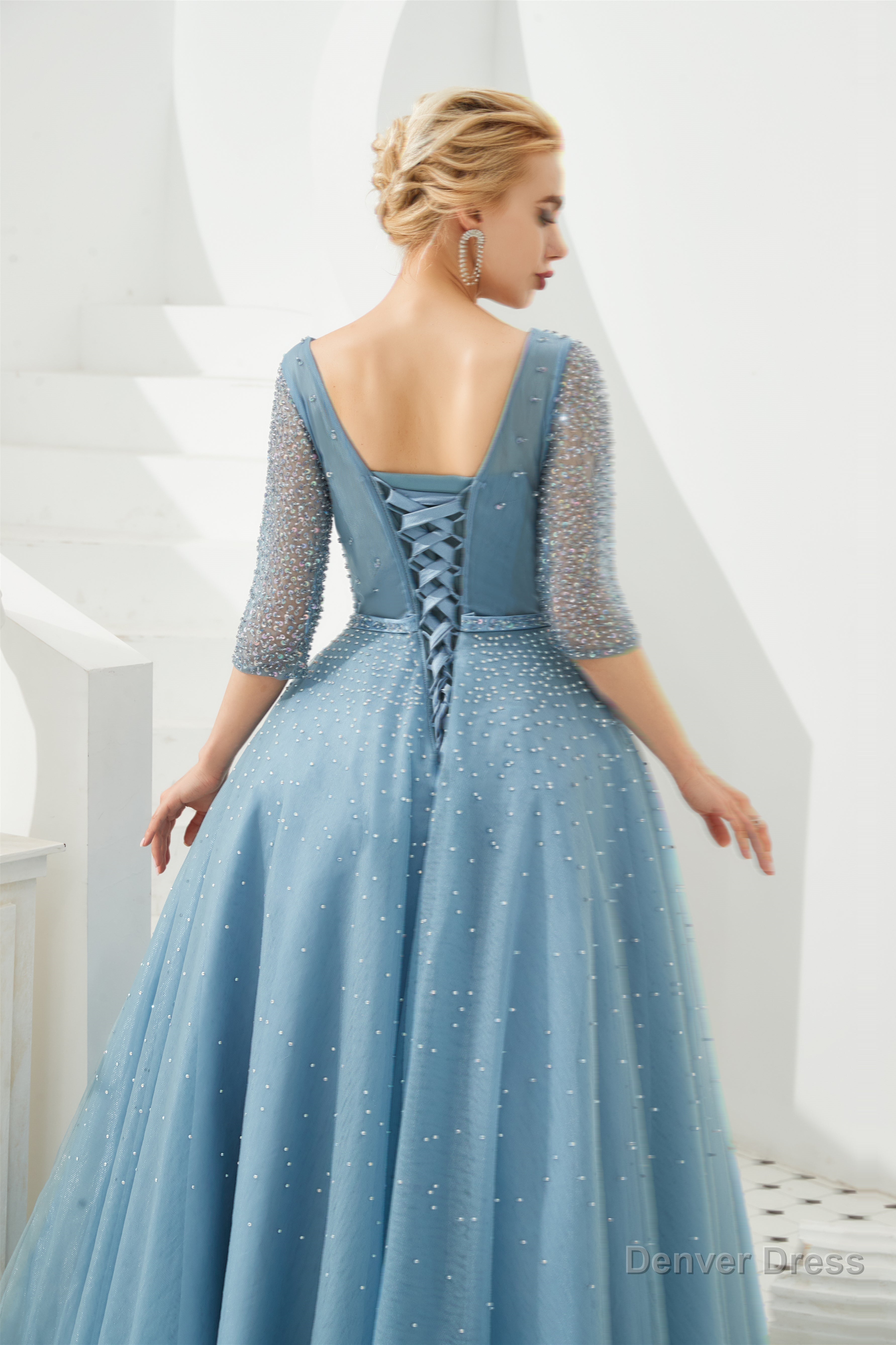 Dusty Blue V Neck Half Sleeve Prom Dresses Long With Beadings Lace up