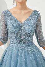 Dusty Blue V Neck Half Sleeve Prom Dresses Long With Beadings Lace up