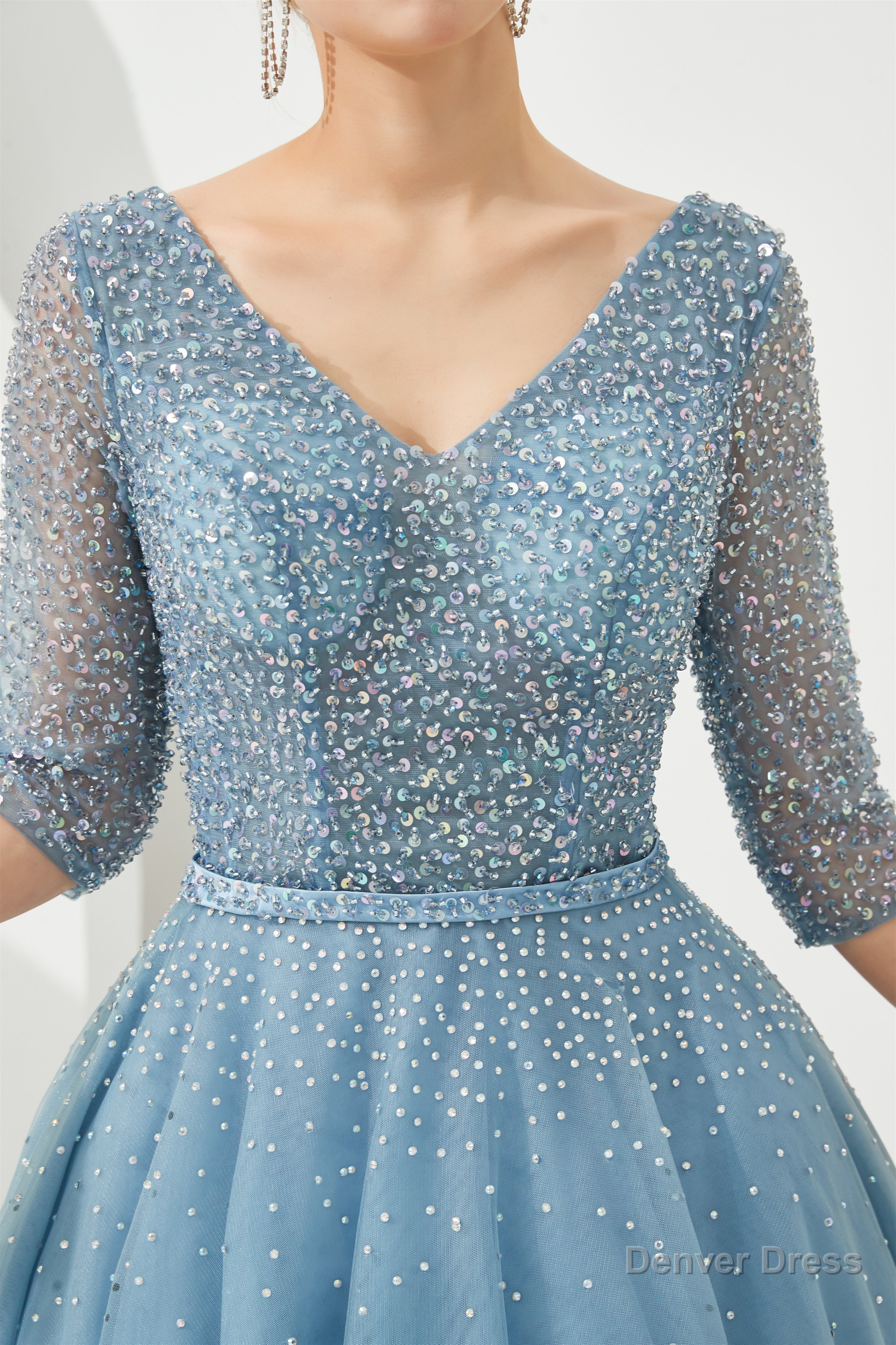 Dusty Blue V Neck Half Sleeve Prom Dresses Long With Beadings Lace up