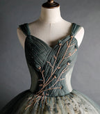 Dusty Green Ball Gowns Beaded Tulle Prom Dress, Ball Gowns Sweet 16 Dresses