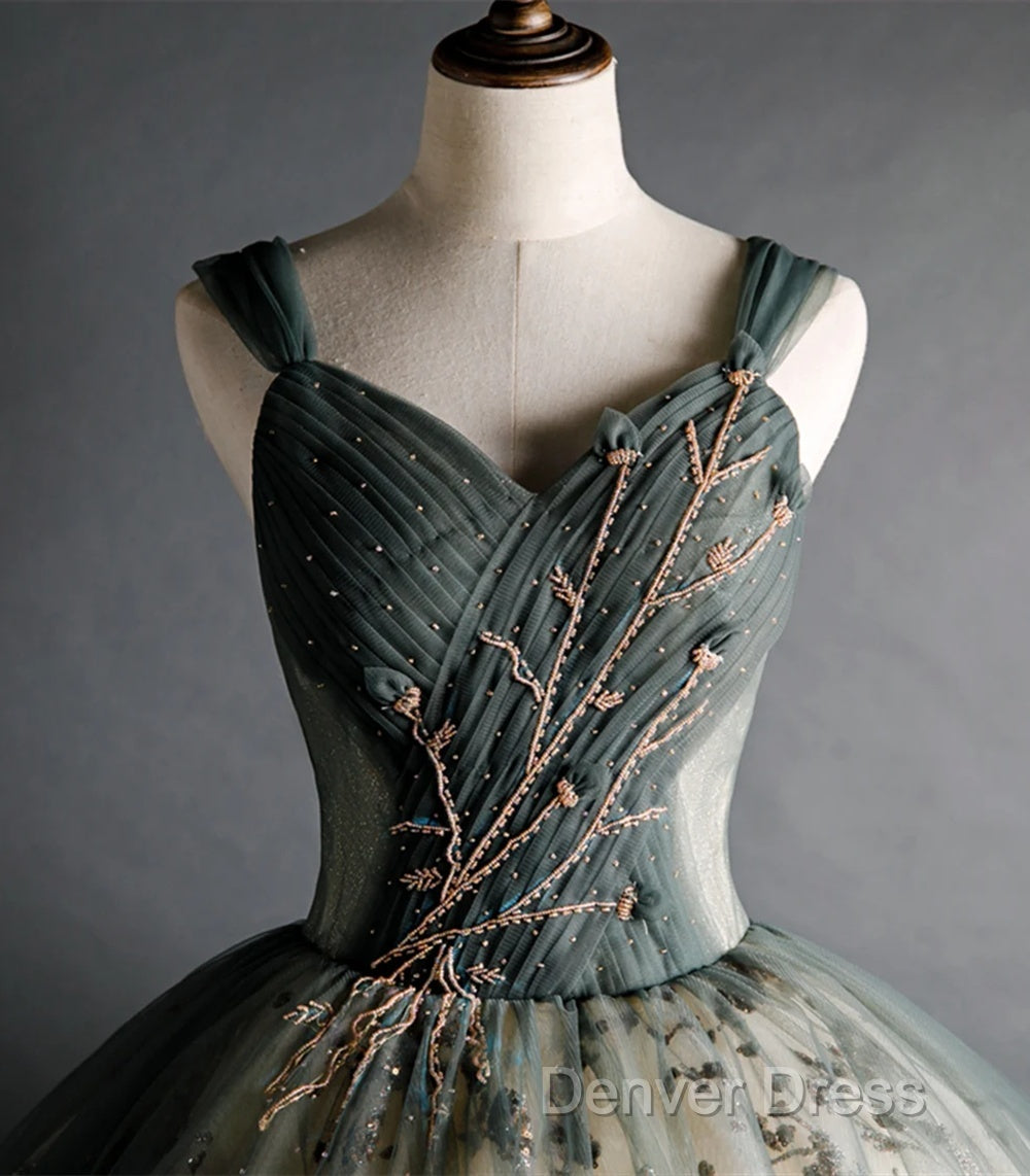 Dusty Green Ball Gowns Beaded Tulle Prom Dress, Ball Gowns Sweet 16 Dresses