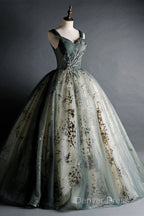 Dusty Green Ball Gowns Beaded Tulle Prom Dress, Ball Gowns Sweet 16 Dresses