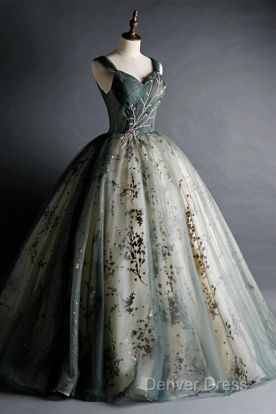 Dusty Green Ball Gowns Beaded Tulle Prom Dress, Ball Gowns Sweet 16 Dresses