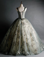 Dusty Green Ball Gowns Beaded Tulle Prom Dress, Ball Gowns Sweet 16 Dresses