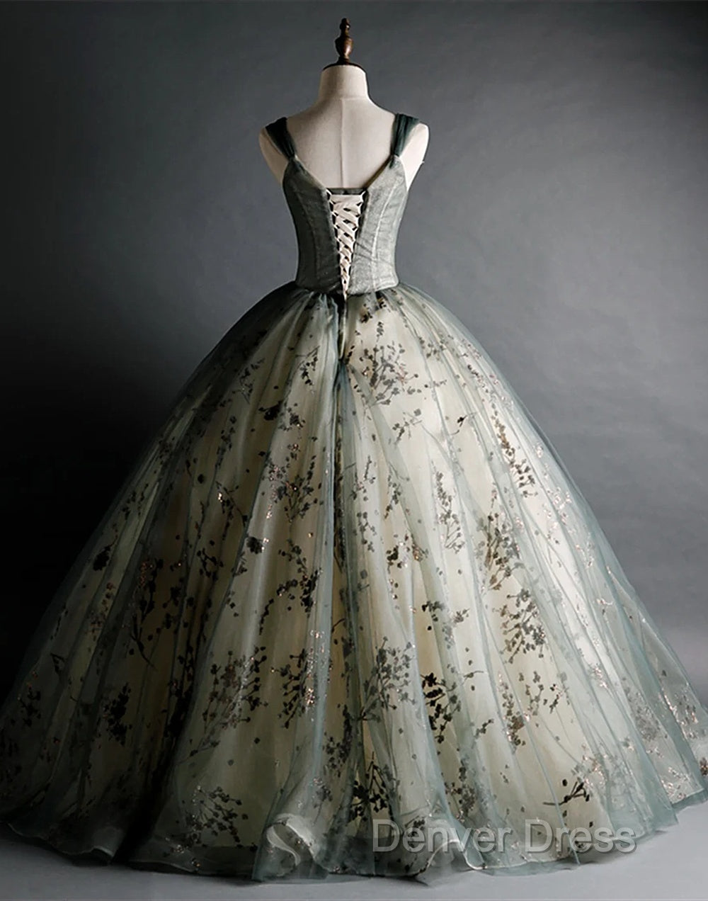 Dusty Green Ball Gowns Beaded Tulle Prom Dress, Ball Gowns Sweet 16 Dresses